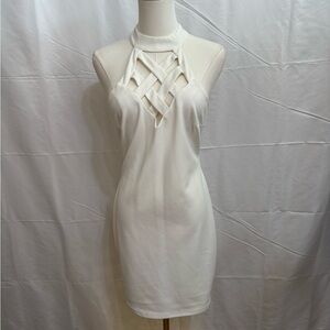 White Halter Bodycon Mini Dress Lattice Cutout Neck Cocktail Party